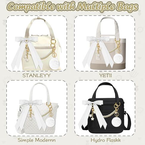 WUQID 4PCS Tote Bag Charms Kit, Decorative Bow, Pom Pom, Pearls & Flower Chain Decor Bag Accessories for Stanley, YETI Camino 20/35/50 & Bogg Beach Tote Bags for Girls Women in Saudi Arabia