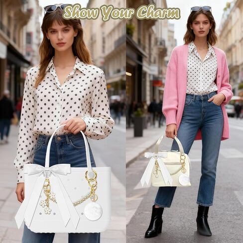 WUQID 4PCS Tote Bag Charms Kit, Decorative Bow, Pom Pom, Pearls & Flower Chain Decor Bag Accessories for Stanley, YETI Camino 20/35/50 & Bogg Beach Tote Bags for Girls Women in Saudi Arabia