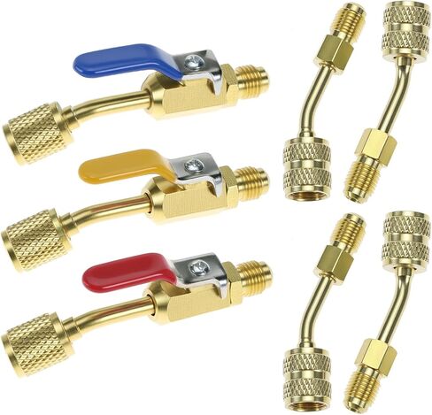 QWORK 7 Pcs Air Conditioning Refrigerant Angled Compact Ball Valve 1/4 Inch & Mini Split Adapter 5/16 to 1/4 coupler, Compatible with R134a, R410A, R22, R12 in Saudi Arabia