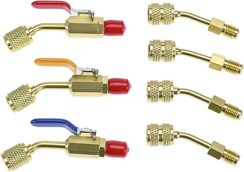 QWORK 7 Pcs Air Conditioning Refrigerant Angled Compact Ball Valve 1/4 Inch & Mini Split Adapter 5/16 to 1/4 coupler, Compatible with R134a, R410A, R22, R12 in Saudi Arabia