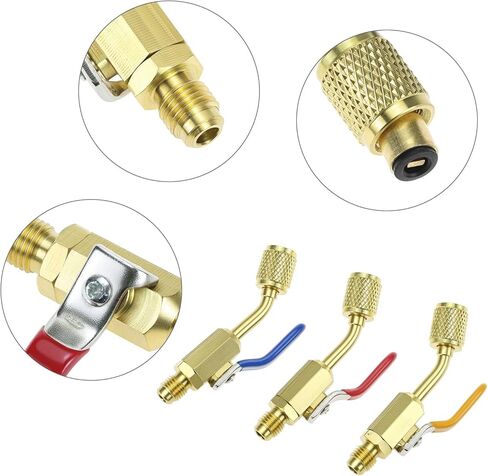 QWORK 7 Pcs Air Conditioning Refrigerant Angled Compact Ball Valve 1/4 Inch & Mini Split Adapter 5/16 to 1/4 coupler, Compatible with R134a, R410A, R22, R12 in Saudi Arabia