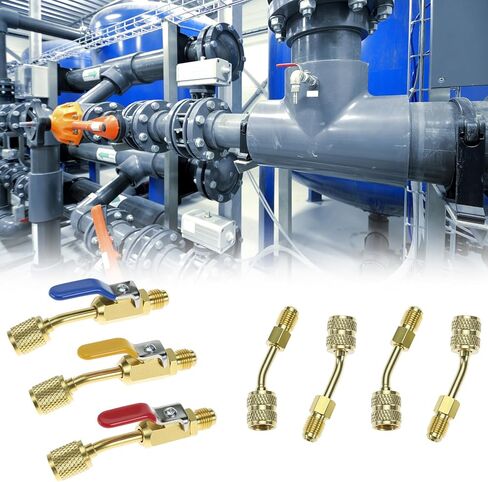 QWORK 7 Pcs Air Conditioning Refrigerant Angled Compact Ball Valve 1/4 Inch & Mini Split Adapter 5/16 to 1/4 coupler, Compatible with R134a, R410A, R22, R12 in Saudi Arabia