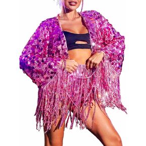 REETAN Sequins Sparkly Skirt Pink Fringe Skirt Bottoms with Long Sleeves Jacket Rave Disco Skirts for Women and Girls