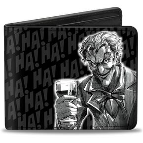 Buckle-Down Men's PU Bifold Wallet-The Joker Wine Glass Pose HA Black/Grays/White, Multicolor, 4.0" x 3.5"