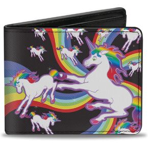 Buckle-Down Men's Wallet, Bifold, Unicorns Rainbow Swirl Black, Vegan Leather, 4.0" x 3.5"