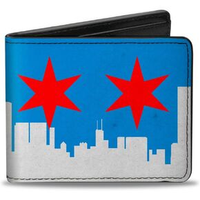 Buckle-Down Men's Wallet, Bifold, Chicago Skyline Flag Distressed Black White Red, Vegan Leather, 4.0" x 3.5"