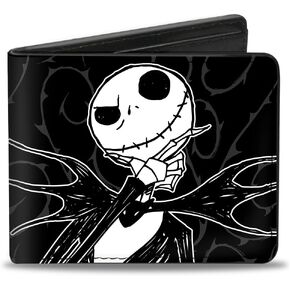 Buckle-Down Men's Disney Wallet, Bifold, Jack Thinking Pose Thorny Vine Black Gray White, Vegan Leather, Multicolor, 4.0" x 3.5"