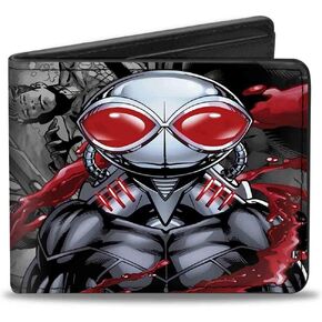 Buckle-Down Men's PU Bifold Wallet-Black Manta Pose/Aquaman Issue 23.1 Cover Scene Grays/Reds, Multicolor, 4.0" x 3.5"