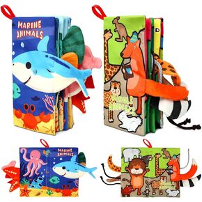 2PCS Baby Books - Montessori Toys Cute Animal Theme Baby Cloth Books 6 to 12 Months, Soft Stuffed High Contrast Crinkle Infant Sensory Toys, Boys&Girls Kids Early Learning Gifts