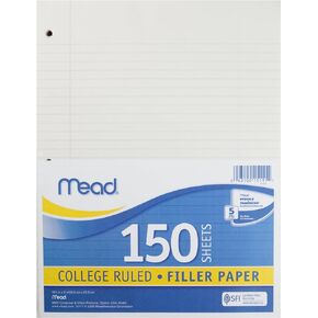 Mead Loose Leaf Paper, Filler Paper, College Ruled, 150 Sheets, 10-1/2" x 8", 3 Hole Punched, 24 Pack (72438)