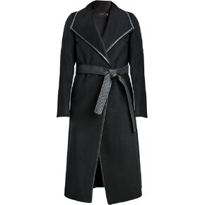 معطف TAHARI نسائي أسود جولييت مزدوج الوجه بحزام من الصوف مع زخرفة من الجلد الصناعي in Kuwait