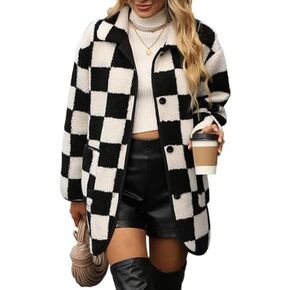 Women's Casual Wool Blend Shacket Jacket Grid Pattern Button Down Long Sleeve Plaid Lapel Coat Outwear