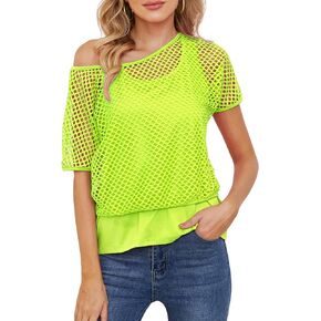Yimoon Women's Casual 80s 90s Costumes Sexy Fishnet Neon Off Shoulder Tops Short Sleeve Oversized Party T-Shirt