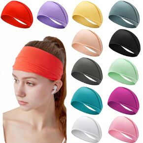 SHUCHNOYE 12-Pack Wide Elastic Headbands for Women - Non-Slip Workout Bands for Sports, Yoga, Running, and Fitness