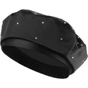Women Rhinestone Fall Spring Winter PU Leather Beret French Style Artist Hat Black