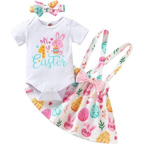 Vedext Baby Girl Easter Outfits Short Sleeve Rabbit Romper +Bunny Suspender Skirt+ Headband Easter Clothes