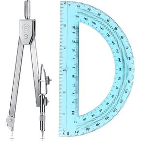 Student Protractor and Compass Set, Student Geometry Math Set, Compass for Geometry and 180 Degree Math Protractor for Drawing Measuring School Office (Blue,Classic)