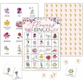 لعبة KFNER Flowers Bingo - بطاقة بينجو زهرية وردية اللون - مجموعة ألعاب بينجو مكونة من 24 لاعبًا للأنشطة الداخلية والخارجية - حفلات الشاي، وحفلات الزفاف، ومستلزمات حفلات أعياد الميلاد -A02