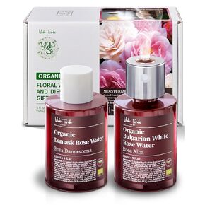 VTS Organic Damask Rosewater with DiffuserSet,Hydrating Mist for Skin & Hair No Dyes or Alcohol/Air Fresheners (5 fl.oz Damask Rose Water & 5 fl.oz Bulgarian White Rose Water & Mist Sprayer)