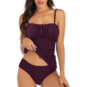 Women's Ruched Square Neck Tankini Set Two Pieces Ruched Tummy Control Suimsuit with Mid Waist Briefs