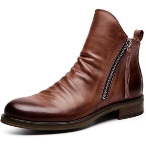 Yuizko Men'S Retro Leather Chelsea Ankle Boots Classic Fashion Side Zipper Low-Heels Slip On Business Dress Oxford Boot Casual High Top Chukka Boots