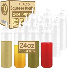 CACASO 10 Pack Condiment Squeeze Bottles,24oz Ketchup Bottles Squeeze Squirt bottle with Cap Lids,Plastic Squeeze Bottles for Sauces,Condiment Bottle for Liquids,BBQ,Dressing,Pancake,Art Dispense