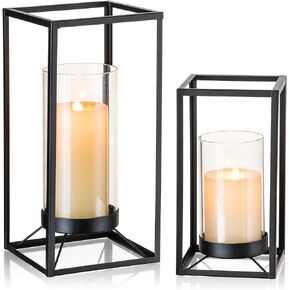 Staymoment Black Metal Lantern Decorative Set of 2 with Hurricane Glass, Indoor Modern Farmhouse Candle Holder Hanging Lanterns for Table Centerpiece Fireplace Mantles Shelf, 12" & 9" Iron Home Decor