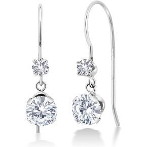 14K White Gold White Moissanite from Charles & Colvard & White Created Sapphire French Wire Dangle Hook Earrings For Women | 1.10 Cttw | Round 5MM and 2.5MM