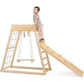 Ogelo Climber,Indoor Playground Wood Toddler Playset Montessori 7-in-1 with Jungle Gym, Ramp, Slide, Swing, Swedish Ladder, Monkey Bars, Rope Ladder, Rock Wall Dome for Kids Ages 1-7 New in Saudi Arabia