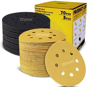 5 Pack 5 Inch 8 Holes Hook and Loop Soft Density Interface Pads 5" Sponge Cushion Buffer Backing Pad with 70 Pcs Golden 5-Inch 8-Hole Hook and Loop Sanding Discs