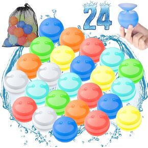 Genuvi Reusable Water Balloons for Kids 24 PCS Quick Fill Water Bombs Splash Balls with Mesh Bag Pool Beach Backyard Games Water Toys for Boys Girls Outdoor Activities Summer Party Favors