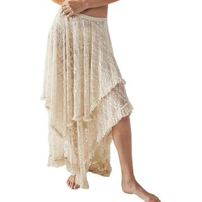 Yimoon Women's Floral Lace Long Skirts Elastic Asymmetrical Layered See-Through Maxi Skirts Sexy Sheer Flowy Beach Skirt