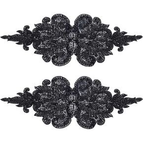 GORGECRAFT 2PCS Bead Embroidery Lace Appliques Flower Pattern Polyester Patches Beaded Tulle Decorative Sewing Ornament Accessories for Wedding Dresses Clothes Bag Pants Shoes Hats DIY Projects Black