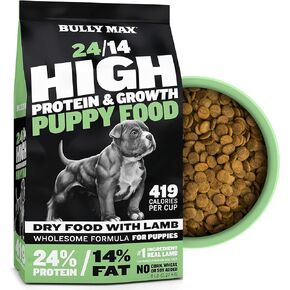 Bully Max Puppy Food 24/14 High Protein & Growth Formula - Dry Dog Food with Lamb and Rice for Small Dogs and Large Breed Puppies - Natural, Slow-Cooked, Sensitive Stomach Pet Food, 5-Pound Bag