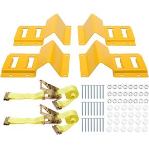 NovelBee Wheel Chock Tie Down Kit, Trailer Tie Down System for UTV, ATV & Mower (Blue Wheel Chock & Yellow Strap)