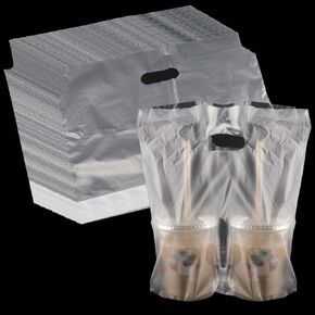 SEUNMUK 500 Pack 13 × 11 Inch Handle Drinking Poly Bag, 2 Cup Portable Clear Drink Carrier with Handle, Plastic Drink Packaging Bags for Delivery Take Out, Coffee, Juice