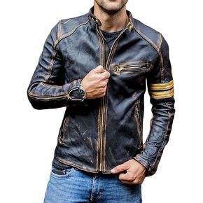 NM-Fashions Mens Distressed Black Leather Jacket Biker Retro Cafe Racer Vintage Leather