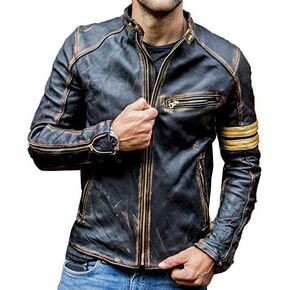 TRENDIERZ Men's Vintage Cafe Racer Distressed Black Leather Jacket Motorcycle Vintage Leather Jacket For Men