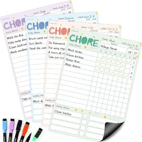 Magnetic Chore Chart for Kids Multiple Kids, Daily Responsibility Chart for Kids Family Chore Chart for Adult Teens Reward Behavior Chart for Kids at Home Weekly Dry Erase Chore List Board 4 Pcs