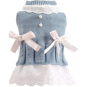 Pet Sweater Dress Small Dog Dress with Bow Female Girl Pink/Blue Winter Warm Dog Princess Lace Dress Clothes Dachshund Chihuahua Corgi Cat Dress for Christmas BirthdayValentines Day (Blue, X-Small)