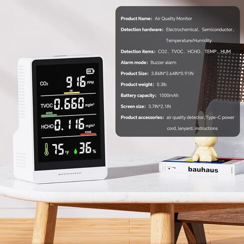 جهاز مراقبة جودة الهواء MXY، ثاني أكسيد الكربون الاحترافي والدقيق، TVOC، HCHO، عداد جسيمات الرطوبة ودرجة الحرارة، للمنزل، المكتب، المدرسة، الفندق، السيارة in Kuwait