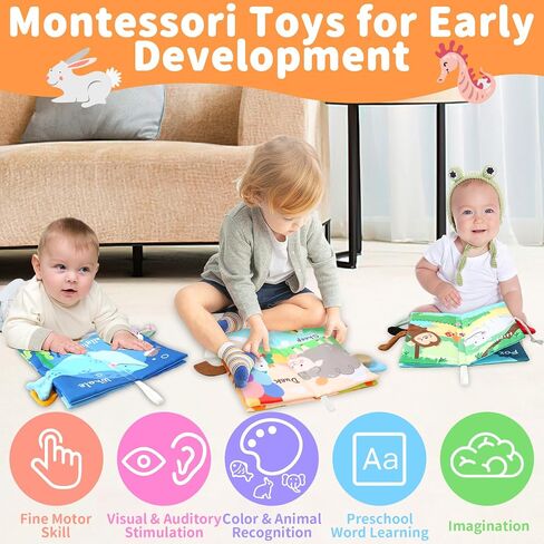 2PCS Baby Books - Montessori Toys Cute Animal Theme Baby Cloth Books 6 to 12 Months, Soft Stuffed High Contrast Crinkle Infant Sensory Toys, Boys&Girls Kids Early Learning Gifts in Saudi Arabia