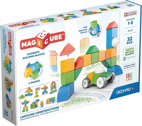 ألعاب جيوماج المغناطيسية | مغناطيس للأطفال | 32 قطعة | مجموعة عالم الأشكال Magicube | اللبنات التعليمية STEM للتعلم المبكر | البلاستيك المعاد تدويره | الأعمار 1 - 5 in Kuwait