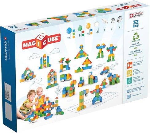ألعاب جيوماج المغناطيسية | مغناطيس للأطفال | 32 قطعة | مجموعة عالم الأشكال Magicube | اللبنات التعليمية STEM للتعلم المبكر | البلاستيك المعاد تدويره | الأعمار 1 - 5 in Kuwait