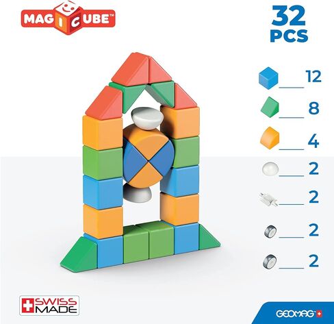 ألعاب جيوماج المغناطيسية | مغناطيس للأطفال | 32 قطعة | مجموعة عالم الأشكال Magicube | اللبنات التعليمية STEM للتعلم المبكر | البلاستيك المعاد تدويره | الأعمار 1 - 5 in Kuwait