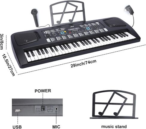LIEKE 61 مفتاح بيانو كهربائي بلوحة مفاتيح مع ميكروفون حامل للموسيقى للمبتدئين، هدية موسيقية للبيانو الإلكتروني الرقمي المحمول in Kuwait