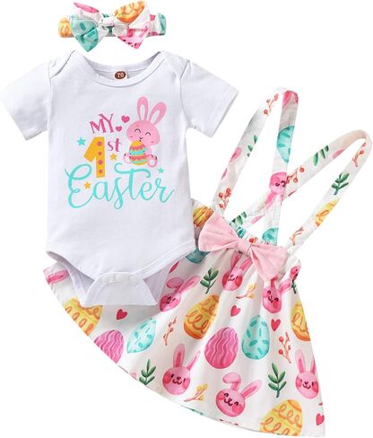 Vedext Baby Girl Easter Outfits Short Sleeve Rabbit Romper +Bunny Suspender Skirt+ Headband Easter Clothes in Kuwait
