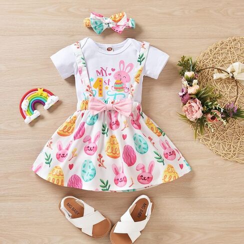 Vedext Baby Girl Easter Outfits Short Sleeve Rabbit Romper +Bunny Suspender Skirt+ Headband Easter Clothes in Kuwait
