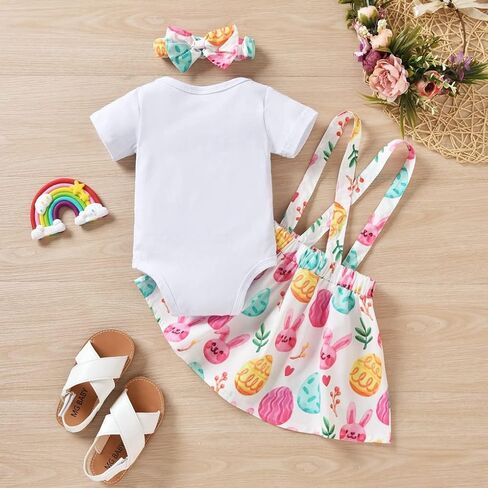 Vedext Baby Girl Easter Outfits Short Sleeve Rabbit Romper +Bunny Suspender Skirt+ Headband Easter Clothes in Kuwait