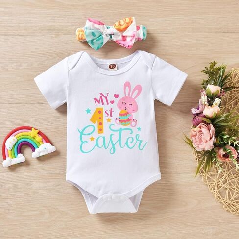 Vedext Baby Girl Easter Outfits Short Sleeve Rabbit Romper +Bunny Suspender Skirt+ Headband Easter Clothes in Kuwait